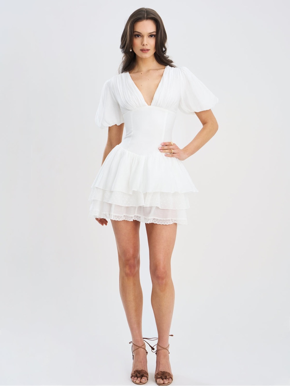 Miss Circle - Caitlyn White Bubble Sleeve Corset Layered Mini Dress